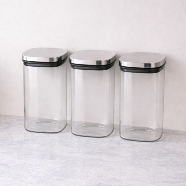 סט 3 צנצנות מרבועות זכוכית אפורה מכסה נירוסטה 1.5 ל׳