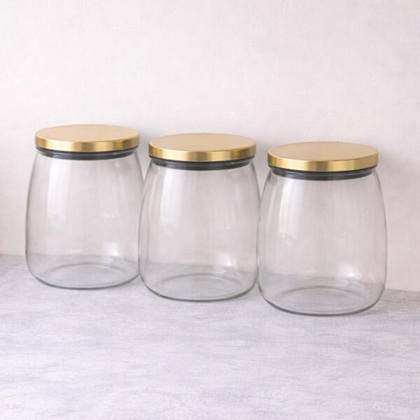 סט 3 צנצנות זכוכית שקופה מכסה נירוסטה 0.9 ל׳