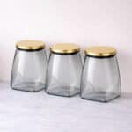 סט 3 צנצנות זכוכית אפורה מכסה נירוסטה 0.9 ל׳