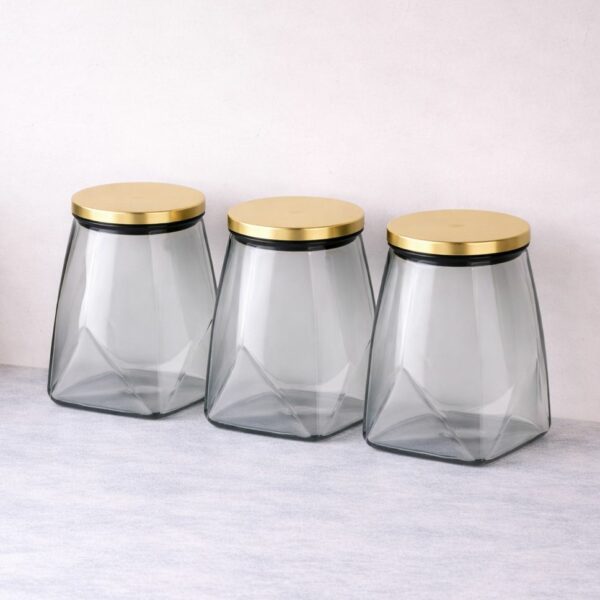 סט 3 צנצנות זכוכית אפורה מכסה נירוסטה 0.9 ל׳