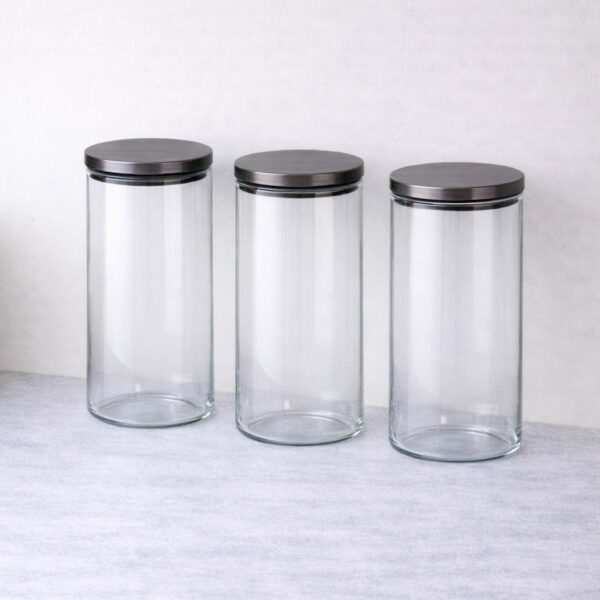 סט 3 צנצנות זכוכית אפורה מכסה נירוסטה 1.3 ל׳