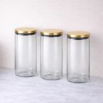 סט 3 צנצנות זכוכית שקופה מכסה נירוסטה זהב 1.3 ל׳
