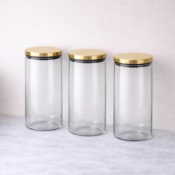 סט 3 צנצנות זכוכית שקופה מכסה נירוסטה זהב 1.3 ל׳